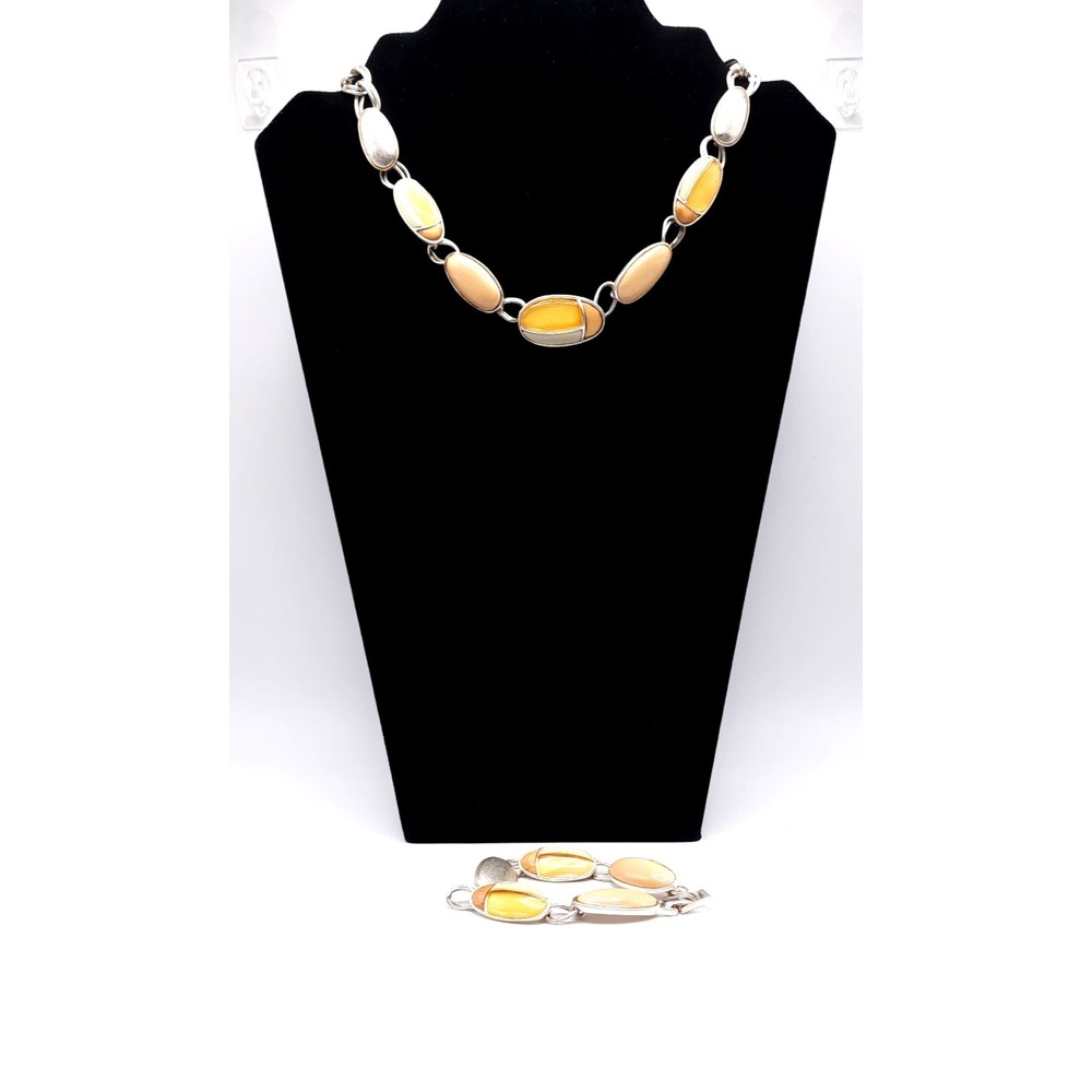 Vintage Liz Claiborne Necklace Bracelet Set Silver Yellow Signed LC